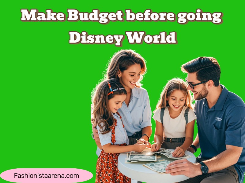 A family planning their budget for a trip to Disney World, with a calculator and travel brochures on a table