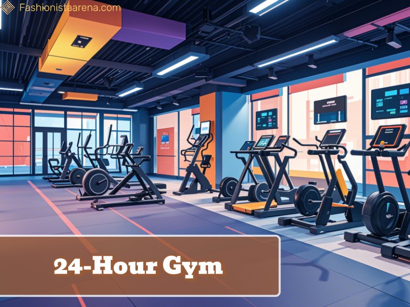 Interior of a gym showcasing a sign stating "24 Hour Gyms," indicating the facility's availability for extended hours. 