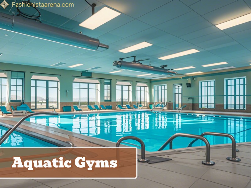 Indoor swimming pool featuring a sign that reads "Aquatic Gyms," highlighting the facility's aquatic fitness options.