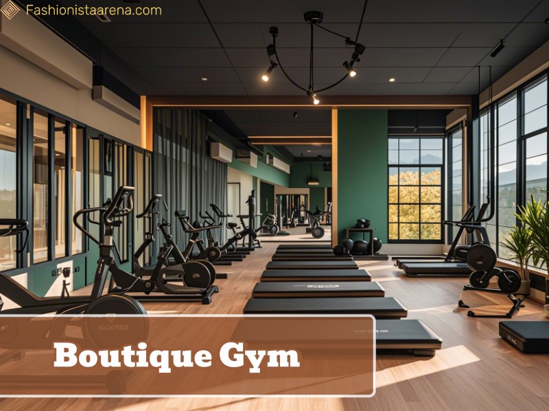 A vibrant cityscape featuring four distinct boutique gyms, showcasing diverse fitness styles and modern architecture.