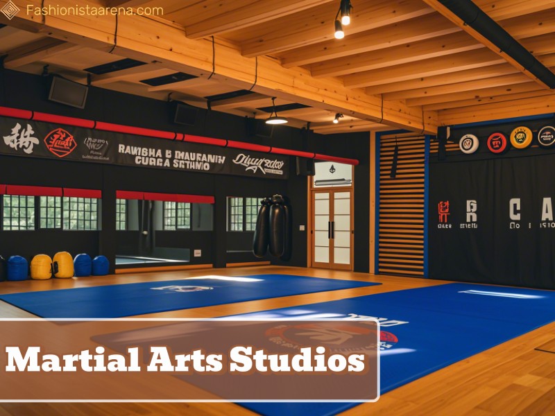 An urban scene highlighting multiple martial arts studios, with practitioners engaged in training and demonstrating their skills.