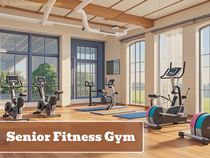 A senior fitness gym featuring a treadmill, stationary bike, and various exercise equipment for active aging individuals. 