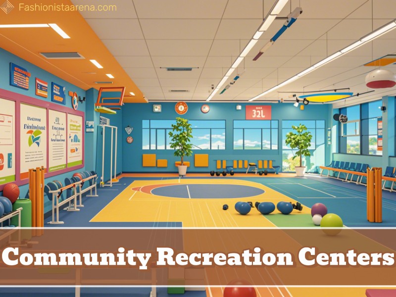 A gym interior featuring the phrase "community recreation centers" prominently displayed on the wall.