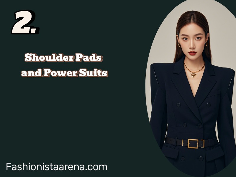 stylish shoulder pads displayed alongside elegant power suits, showcasing a blend of fashion and professionalism.