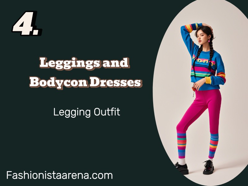 A display of four stylish leggings in various colors and patterns, showcasing modern fashion trends