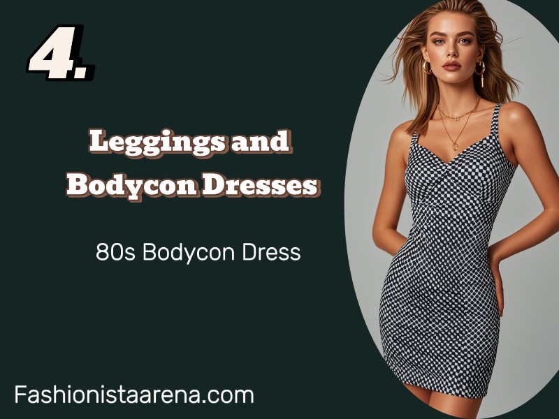 A display of four stylish leggings and bodycon dresses in various colors and patterns, showcasing modern fashion trends