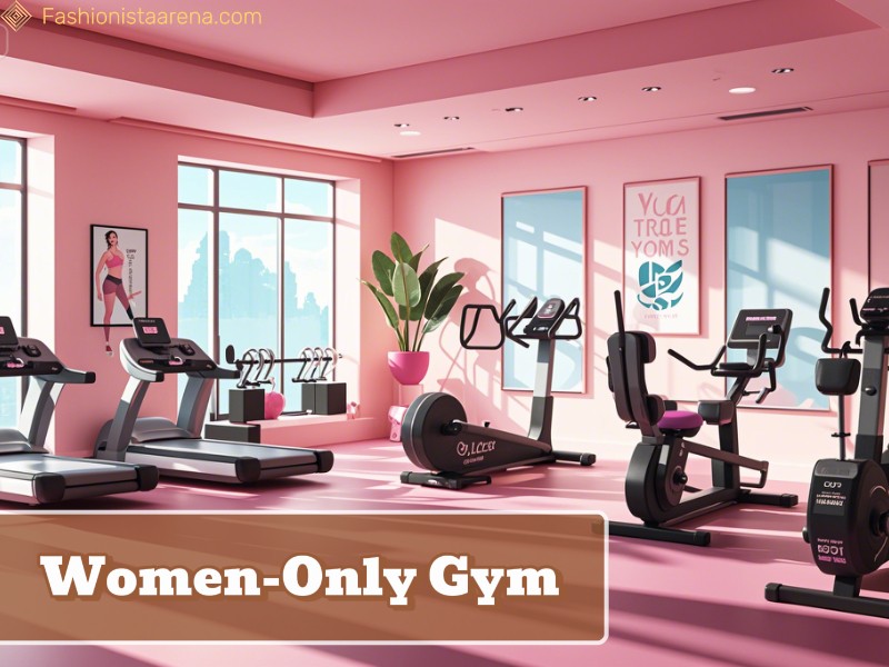 A woman-only gym featuring pink walls and large windows, creating a bright and inviting workout environment.