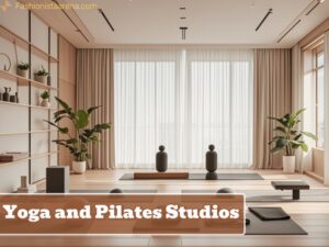 A vibrant cityscape featuring yoga and Pilates studios, showcasing diverse fitness enthusiasts engaged in their practices.