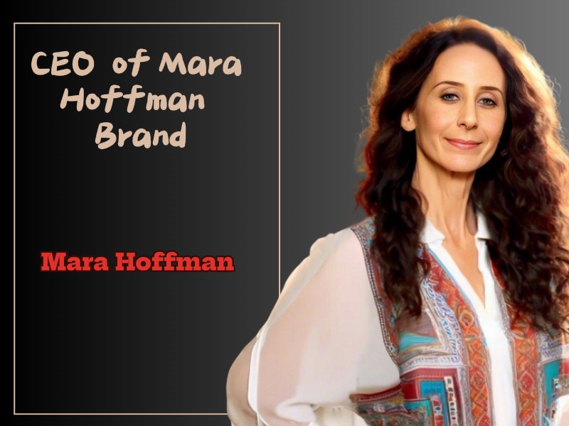  CEO of Mara Hoffman brand, showcasing a confident leader in a stylish office environment, embodying fashion and innovation.