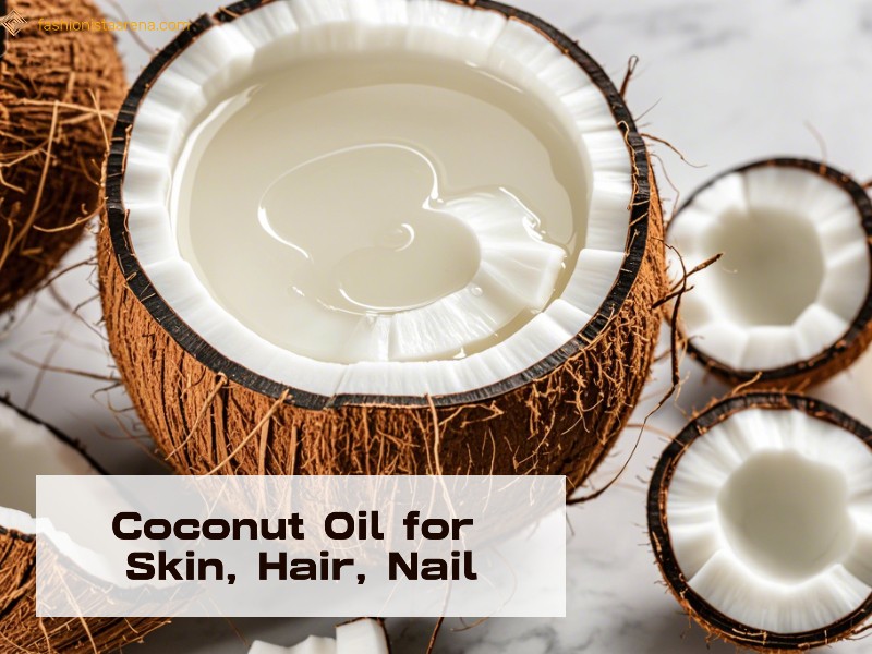 An image showcasing coconut an describing coconut oil for skin, hair an nails